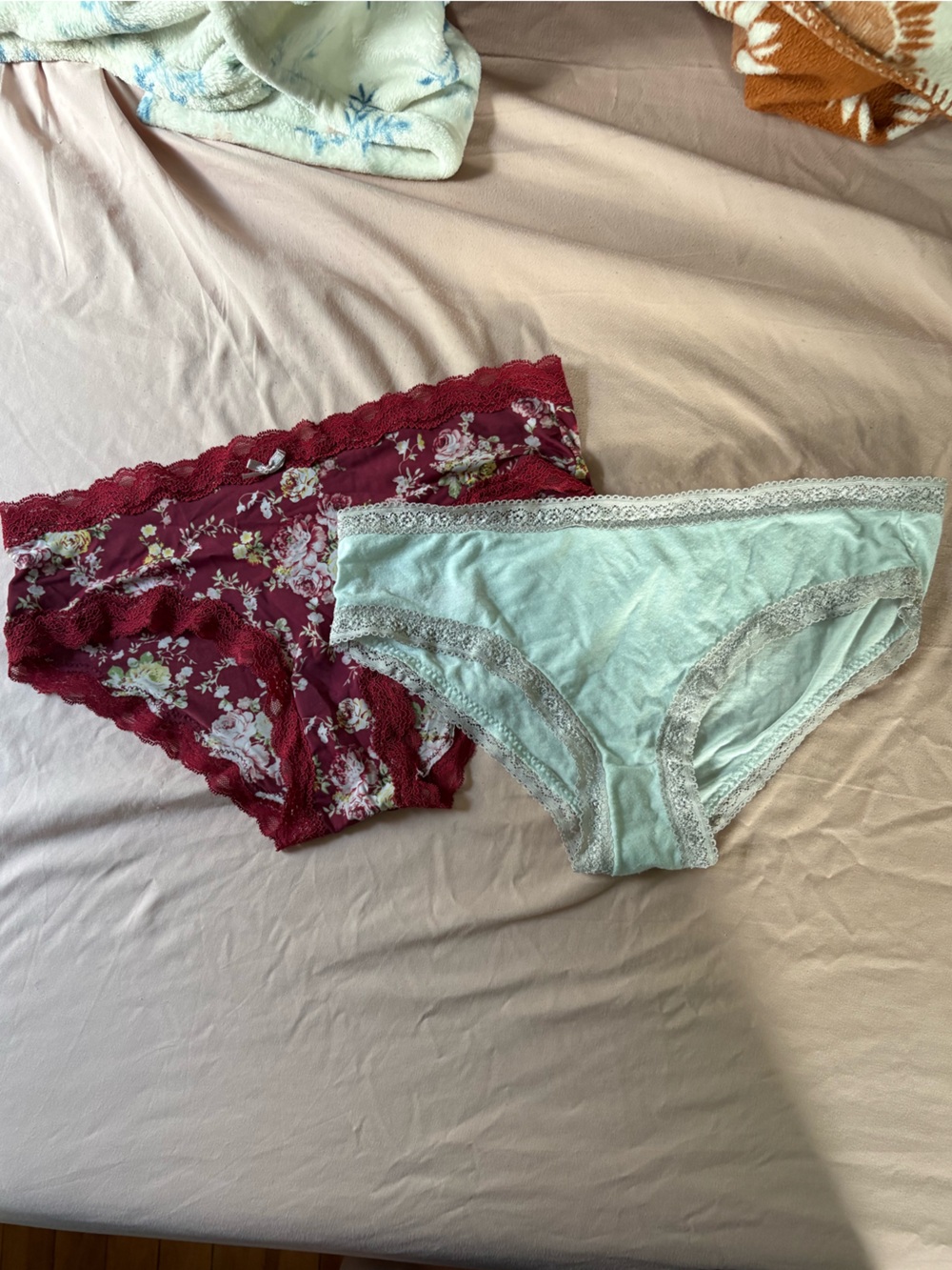 Lace-Trim Hipster Panty Duo — Mint and Burgundy Floral